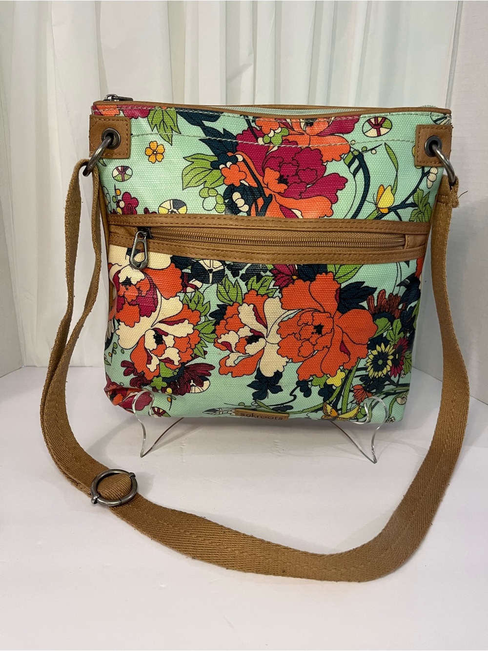 Sakroots Mint Floral Crossbody with Tan Strap